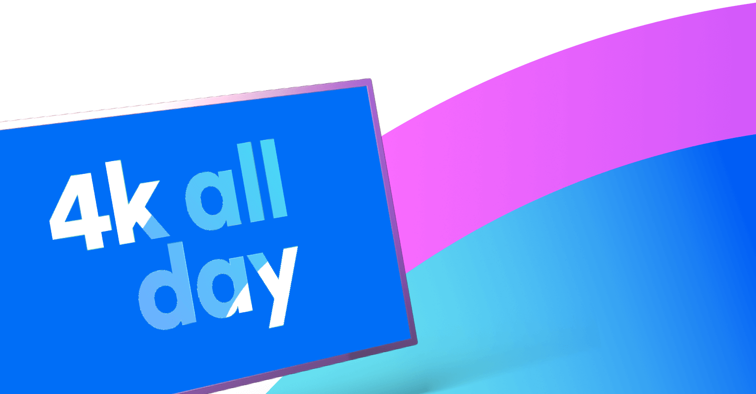 4k all day text in a screen on blue and pink flares